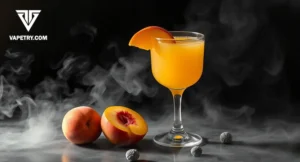 A combination of mango and peach fruits with a drink in an environment of vape smoke with this flavor